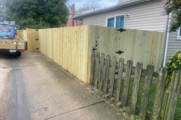 A new pressure-treated board fence and gate running along a driveway, beside the weathered picket fence it replaced